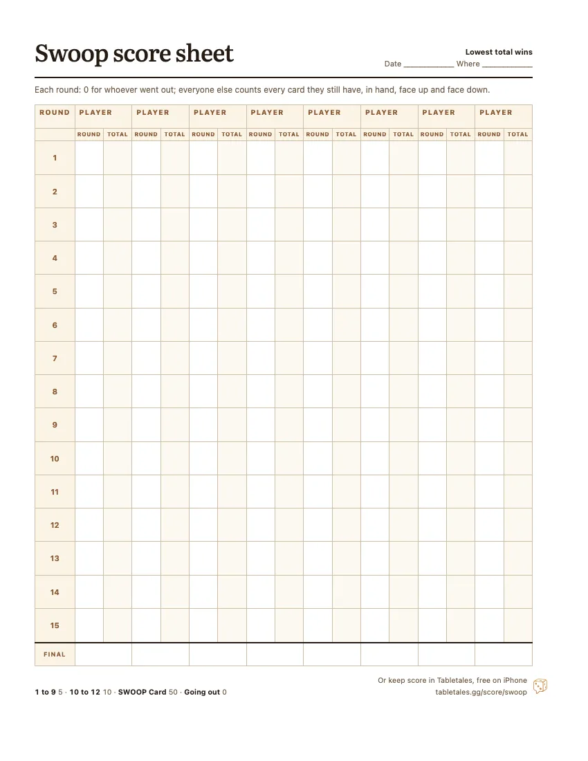 The printable Swoop score sheet: eight player columns, fifteen rounds, each with the round’s points and a running total.
