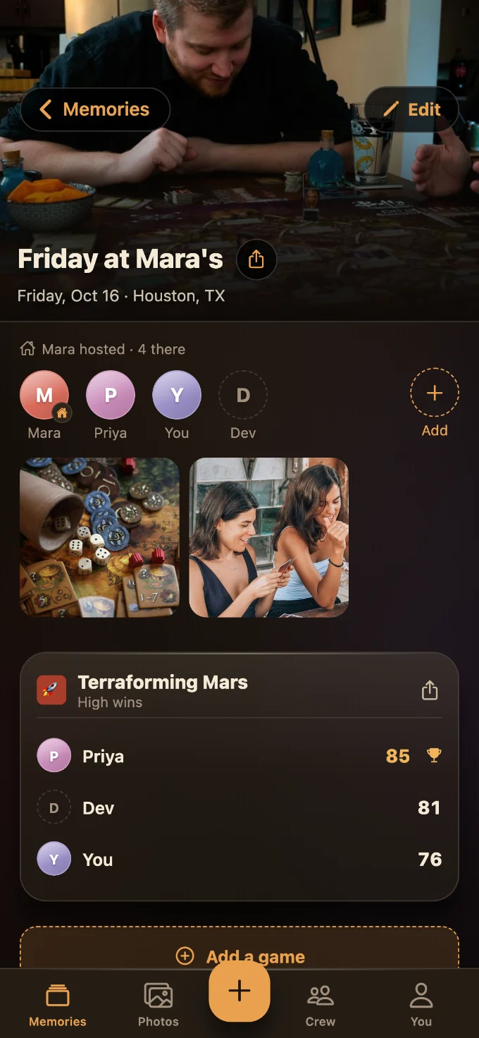 Terraforming Mars saved in Tabletales: Friday at Mara’s, with You, Priya and Dev, photos from the table, and the game’s card with every score.