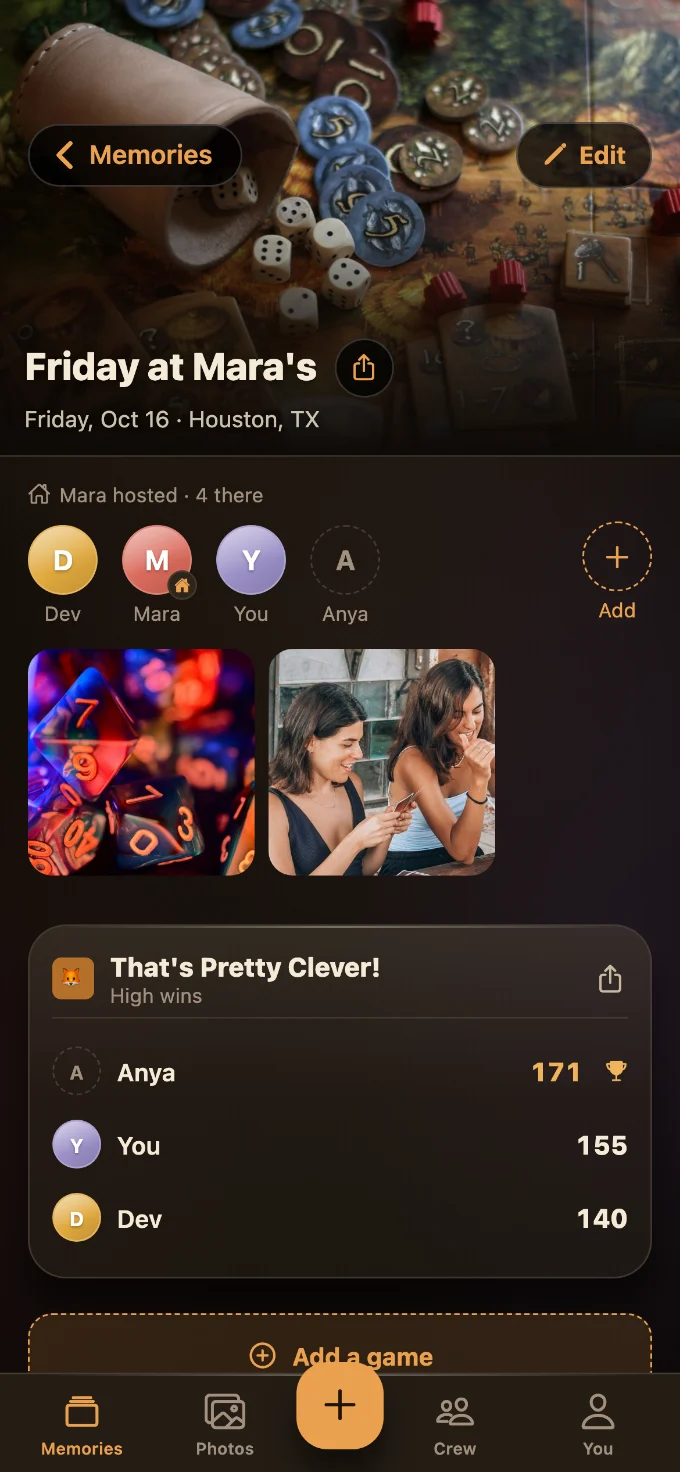 That's Pretty Clever! saved in Tabletales: Friday at Mara’s, with You, Dev and Anya, photos from the table, and the game’s card with every score.