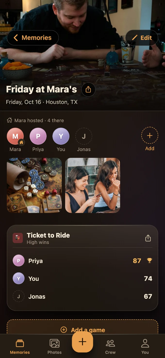 Ticket to Ride saved in Tabletales: Friday at Mara’s, with You, Priya and Jonas, photos from the table, and the game’s card with every score.