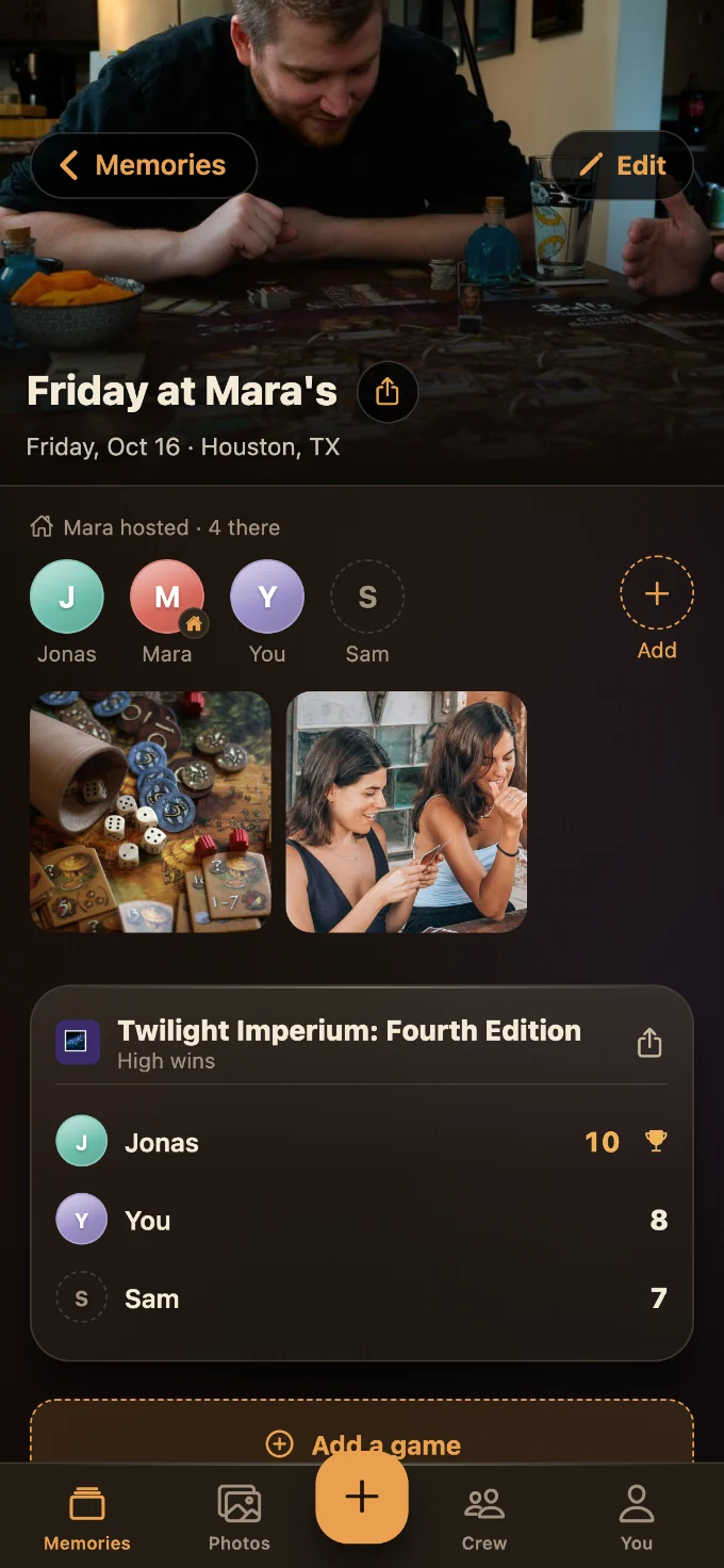 Twilight Imperium: Fourth Edition saved in Tabletales: Friday at Mara’s, with You, Jonas and Sam, photos from the table, and the game’s card with every score.