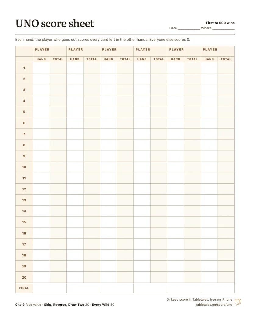 The printable UNO score sheet: six player columns, twenty hands, each with a hand score and a running total.