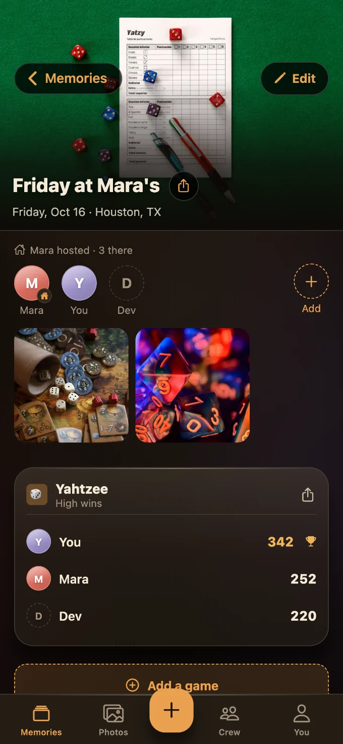 Yahtzee saved in Tabletales: Friday at Mara’s, with You, Mara and Dev, photos from the table, and the game’s card with every score.