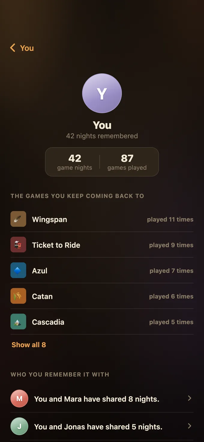 Tabletales stats: nights remembered, games played, and your most-played games
